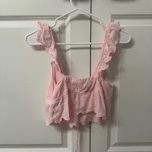 ZARA Pink Eyelet Ruffle Tie Front Crop Blouse Top small thumbnail 2