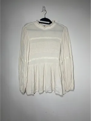 Polagram Cream Pintuck Lace Blouse Cottagecore Boho Ruffle S thumbnail 2