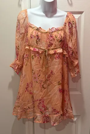NWOT Free People Mini Dress Womens Peach Floral Ruffle Puff Sleeve M thumbnail 1