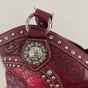 Y2K Red Burgundy Faux Tooled Leather Western Studded Shoulder Bag thumbnail 8