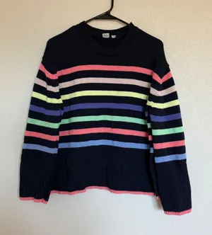Gap Womens Navy Multi Color Striped Cotton Crewneck Knit Sweater Side Slit Small thumbnail 1