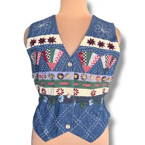 Vintage Eagle’s Eye Patchwork‎ Denim Vest Quilted Embroidered Cottagecore Artsy thumbnail 2