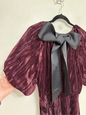 NEW H&M Velvet Balloon Sleeve Ribbon Bow Back Mini Dress in Burgundy - Size M thumbnail 6