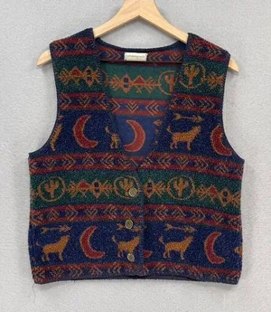 Vintage Coldwater Creek Vest Womens Sm/Md Blue Southwestern Howling Wolf Boho thumbnail 1