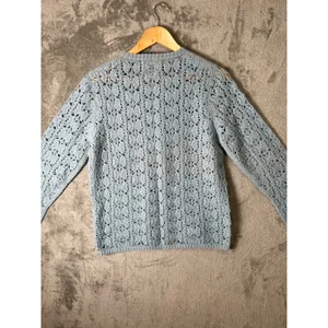 Vintage Hand Crocheted Wool Cardigan Blue Cottagecore Boho‎ Grannycore Dainty LG thumbnail 7