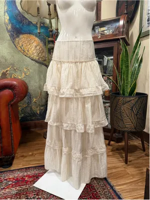 SHEIN Boho Tiered Maxi Skirt Large Tan Cream Striped Cottagecore Coastal Ruffle thumbnail 4