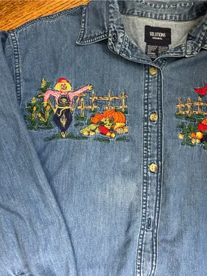 VTG 90’s Solution Originals Embroidered Fall Scene Denim Button Up Shirt Size L thumbnail 15