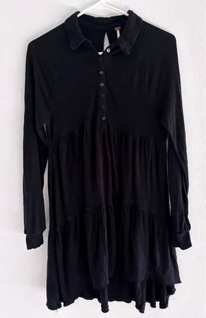 Free People Best‎ Girl Dress Womens Sm Black Mini Linen Blend Tiered Preppy Boho thumbnail 1