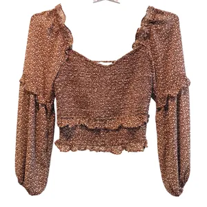 ASTR The Label Brown Ditsy Floral Smocked Long‎ Sleeve Crop Top Women's XL thumbnail 1