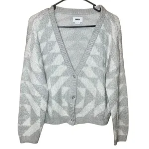 Obey grey & white v-neck triangle patterned cardigan sweater Small academia #749 thumbnail 3