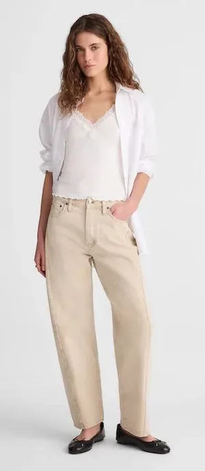 Madewell Pieced Barrel-Leg Jeans Faded Khaki Tan Beige NWT $148 Size 31 (US 12) thumbnail 1