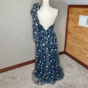 Lulus Whimsical Allure Navy Mesh Embroidered One-Shoulder Maxi Dress XS NWT thumbnail 3