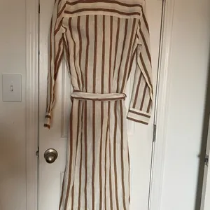 ZARA boho cream tan striped linen buttoned belted collared shirt midi dress XS thumbnail 3
