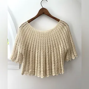 Vintage Crochet Open Knit Cardigan Sweater Medium Cream Ivory Button Up Handknit thumbnail 7