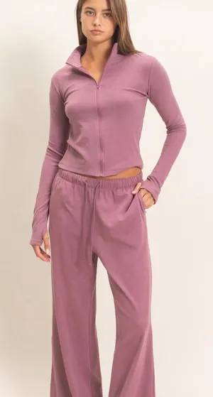 Dusty Mauve Plum Zip Up Top Wide Leg Pants Set Small thumbnail 1