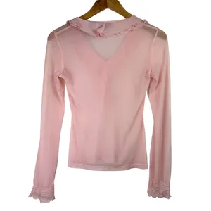 Vtg Y2K Pink Sheer Ruffle Neck Top Sz XS thumbnail 2