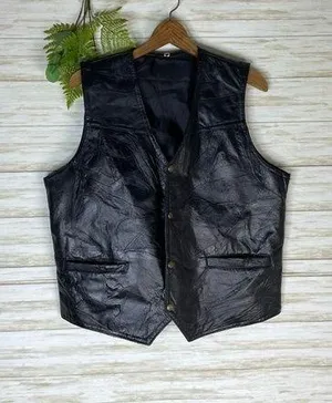 Vintage Black Leather Patchwork Biker Grunge Vest Size M thumbnail 1