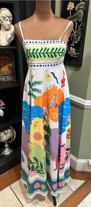 Tropical Spaghetti Strap Maxi Dress – Size Small Blue thumbnail 1