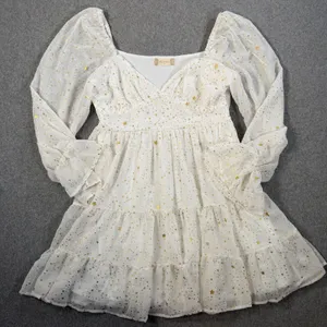 Altard State White Gold Star Tiered Ruffle Mini Dress Size Medium Puff Sleeve thumbnail 1