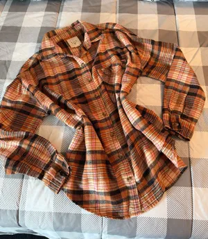 Women’s Billabong Orange Plaid Button-Up Shirt 100% cotton flannel size all thumbnail 1