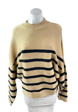 Zesica Women's Beige Tan Striped Mock Neck Knit Long Dolman Sleeve Sweater Top M thumbnail 1