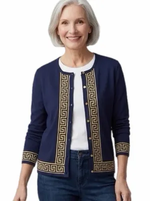 LILLY PULITZER Navy & Gold Greek Key Keane Cardigan Sweater Buttons Small thumbnail 1