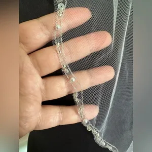 White 30” long wedding bridal veil silver threaded Pearl and clear beaded NWT thumbnail 3