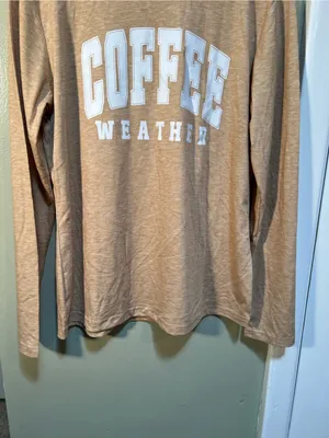 Women’s Size Small Long Sleeve T-Shirt Beige Tan White Coffee Weather Crewneck thumbnail 3