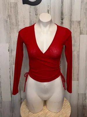Windsor Red Ribbed Surplice Wrap Top Womens Small Ruched Tie Sides Long Sleeve thumbnail 1