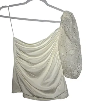 Heartloom‎ Ivory Eyelet Puff Sleeve One Shoulder Ruched Top Shirt Size Small thumbnail 1