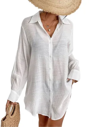 Bsubseach White Long Sleeve Button Down Beach Cover Up Size M thumbnail 1