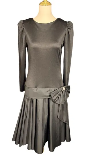 After Dark Vintage 80s‎ Black Drop Waist Pleated Bow Cocktail Dress Size 6 glam thumbnail 1
