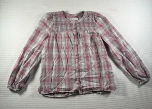 LOFT Women’s Medium Plaid Smocked Peasant Blouse Pink Gray Button Front thumbnail 1