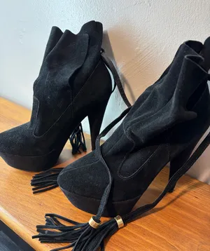 Colin Stuart Black Suede Platform Ankle Boots Tassel Tie Stiletto Booties Womens thumbnail 1
