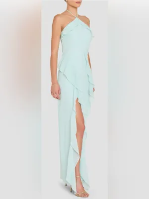 NEW Amanda Uprichard Alessandra Halter Neck Ruffle Trim Gown Sz L thumbnail 3