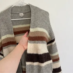 A NEW DAY Striped Open Front Cardigan Gray Cream Tan Brown Long Heavy Sweater M thumbnail 7