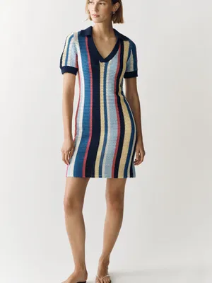 Maeve Anthropologie Multi Stripe Collared Crochet Knit Mini Dress Size Small NWT thumbnail 3