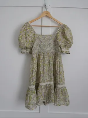 Anthropologie Love The Label Green Floral Puff Sleeve Mini Dress thumbnail 3