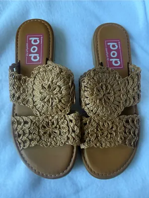 pop Woven Crochet Double-Strap Slide Sandals in Tan thumbnail 1