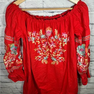 Free People Red Fleur Du Jour off the shoulder embroidered floral dress‎ small thumbnail 6