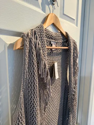 Chicos Open Weave Fringe Cardigan Shrug in Taupe thumbnail 3