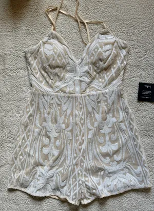 Lulus White Sequin Romper Nude Lining Size L NWT Bridal Party Bachelorette thumbnail 3