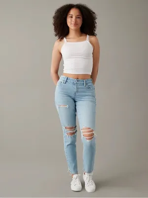 American Eagle Curvy '90s Skinny Jean in Stretch Ripped Destroyed Light Wash thumbnail 2