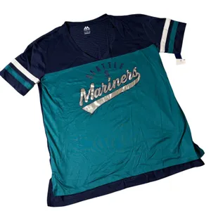 Majestic Seattle Mariners Women Large Navy Teal V-Neck Mesh Jersey T-Shirt NEW thumbnail 1