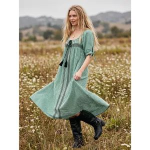 Free People Bohemian Embroidered Gingham Seersucker Cass Maxi Dress Green Small thumbnail 3