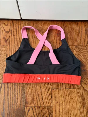 Wilo Women’s Black Sports Bra Pink Straps and Coral Band Size Medium thumbnail 2