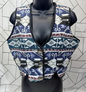 Southwest Canyon Geometric Jacquard Vest M Blue‎ VTG 90s Western Crop Aztec thumbnail 1