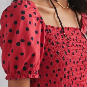 Anthropologie Dolan Polka Dot Smocked Puff-Sleeved Boho Top - Size Medium thumbnail 2