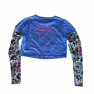 Ed Hardy Vibrant Blue Panther Graphic Crop Top With Mesh Tattoo Sleeves Large thumbnail 4