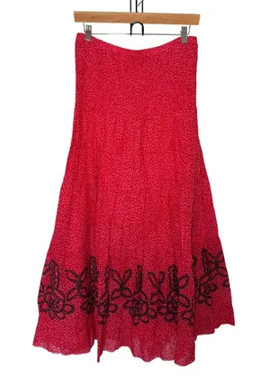 Free Planet Free People Women's Medium Red Pink Smocked Waist Tiered Cottagecore Skirt Boho thumbnail 1